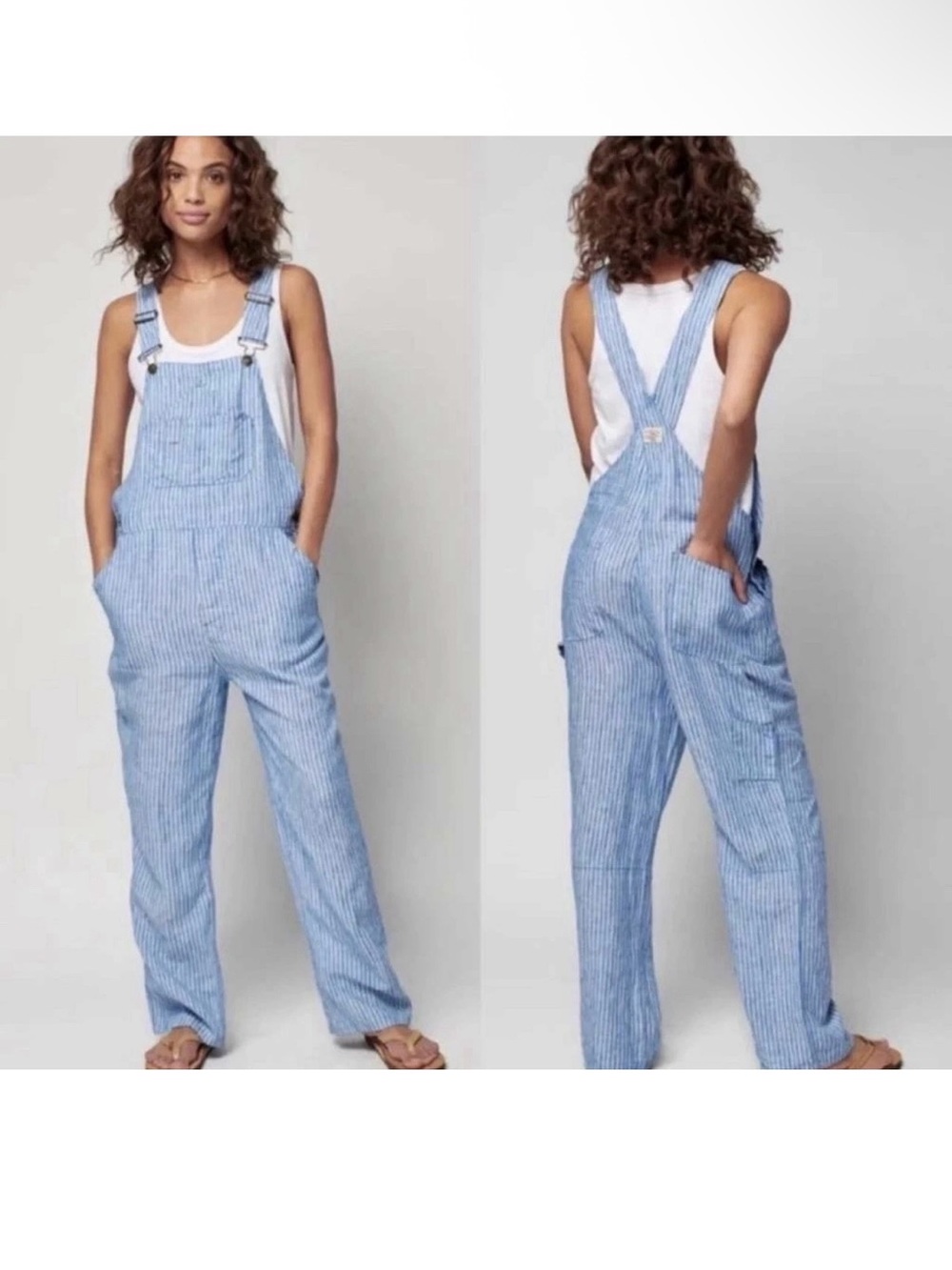 Faherty Linen Mechanic Railroad Sky Blue Striped Women's Overalls Workwear